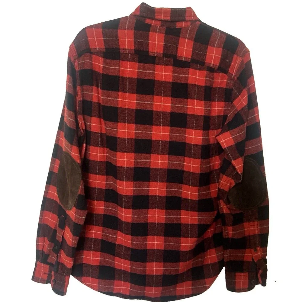 J Crew Flannel Shirt Mens M Wool Cotton Elbow Patch Button Down Red Black Shirt